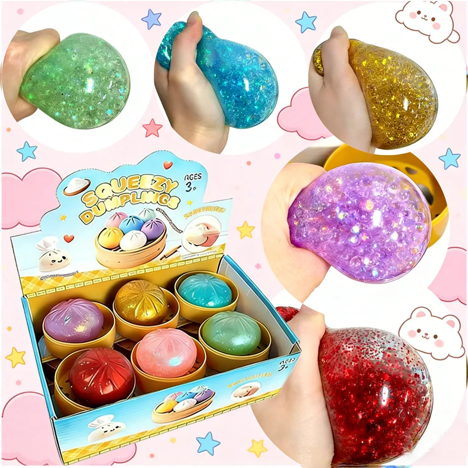 New 1-12Pcs Glitter Dumpling Glitter Dumpling Squishy with Box Dumplings Sensory Squeeze Toy for Stress Relief